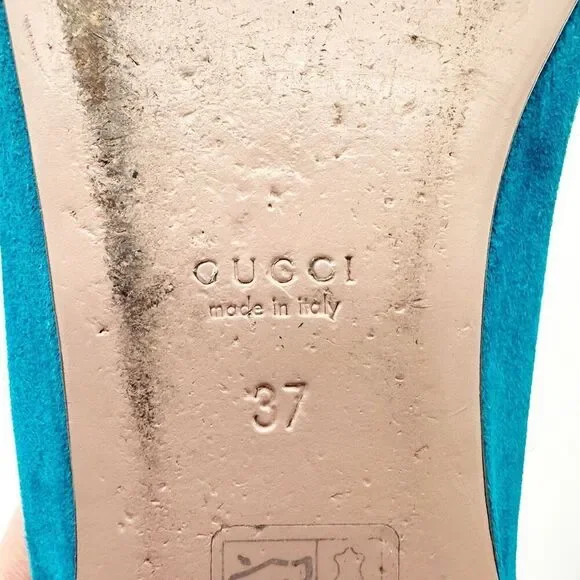 GUCCI Interlocking Crystal GG Ballet Flat Size 37 US 7 Teal Blue Suede - Picture 12 of 13